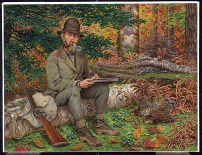 Zelfportret in Jachtuitrusting, ca.1875 (olie & grafiet op papier op gelamineerd vezelplaat) door William George Richardson Hind