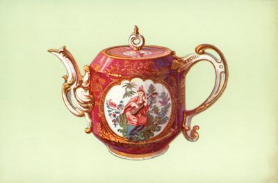 Theepot, Chelsea, claretkleurig, met figuren naar Watteau door William Gibb