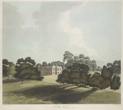 Figuren en een paard in parklandschap; Vinters House in het midden; bomen door de hele scène door William Green