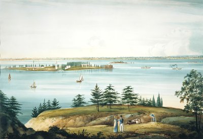 De baai van New York en Governors Island genomen vanaf Brooklyn Heights door William Guy Wall