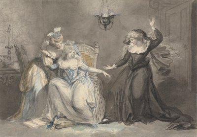Een dramatische scène met drie vrouwen in een interieur door William Hamilton