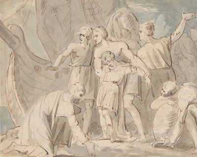 Historisch onderwerp met mannen en een jongen bij een schip recto..., 1770-80 door William Hamilton