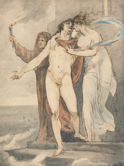 Leander neemt afscheid van Hero voordat hij terug zwemt over de Hellespont door William Hamilton