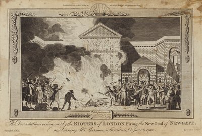 De verwoestingen veroorzaakt door de relschoppers van Londen die de nieuwe gevangenis van Newgate in brand staken door William Hamilton