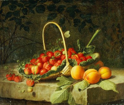 Een Mand met Aardbeien en Perziken op een Stenen Rand, 1856 door William Hammer