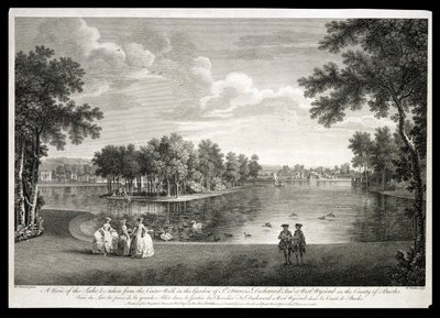 Uitzicht op het Meer vanaf het Middenpad in de tuin van West Wycombe, Buckinghamshire, gegraveerd door William Woollett door William Hannan