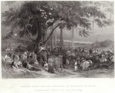 Runjeet Singh en zijn suwarree gekampeerd onder de banianboom aan de rivier Sulley door William Harvey