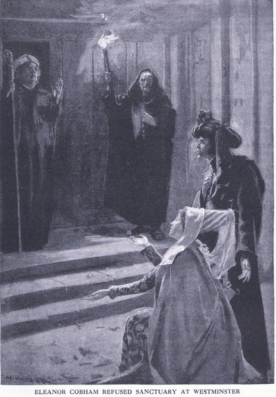 Eleanor Cobham geweigerd asiel in Westminster, uit Cassells History of the British People gepubliceerd door de Waverley Book Company Limited, ca. 1940 door William Hatherell