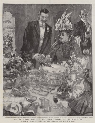 Het Huwelijk van Madame Patti, de Bruid snijdt de Bruidstaart aan door William Hatherell