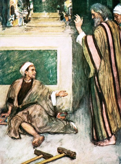 Petrus en Johannes genezen de lamme man door William Hatherell