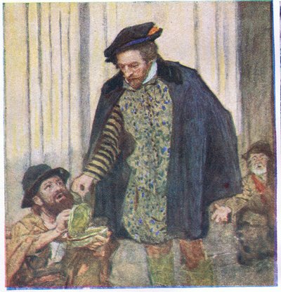 Shakespeare geeft een cent aan een bedelaar, uit Mijn Tijdschrift door William Hatherell