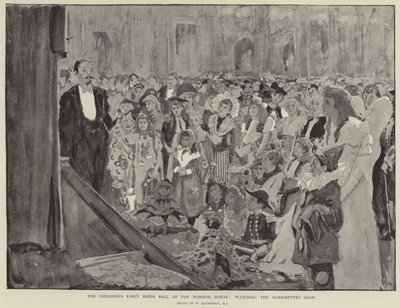 Het kinderbal in kostuum in het Mansion House, kijken naar de marionettenshow door William Hatherell