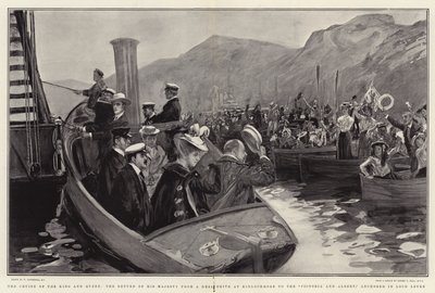 De cruise van de koning en koningin, de terugkeer van Zijne Majesteit van een hertenjacht bij Kinlochmore naar de Victoria en Albert, voor anker in Loch Leven door William Hatherell