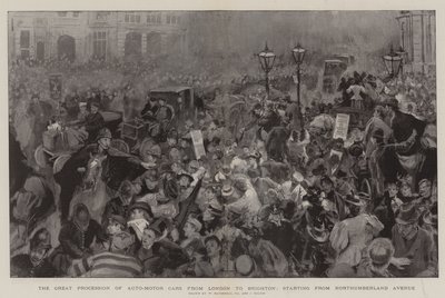 De grote processie van automobielen van Londen naar Brighton, startend vanaf Northumberland Avenue door William Hatherell
