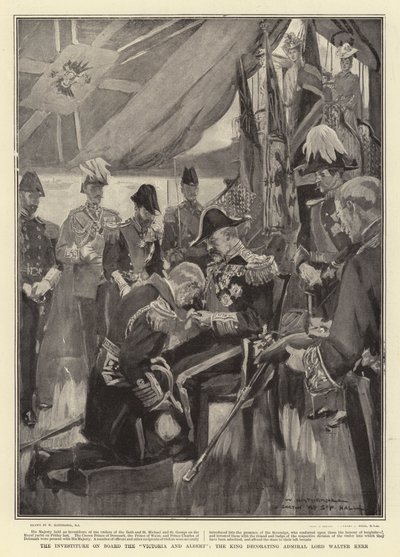 De investituur aan boord van de Victoria en Albert, de koning die admiraal Lord Walter Kerr decoreert door William Hatherell