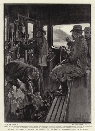 De koning en koningin in Schotland, Zijne Majesteit en de hertog van Sutherland rijden op een locomotief door William Hatherell