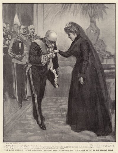 De Troonsbestijging van de Koning, Koningin Margherita ontvangt Lord Mount-Edgcumbe, de Speciale Gezant aan het Italiaanse Hof door William Hatherell