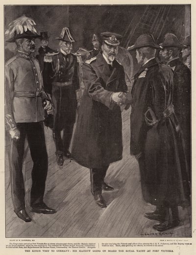 Het Bezoek van de Koning aan Duitsland, Zijne Majesteit gaat aan boord van het Koninklijk Jacht in Port Victoria door William Hatherell