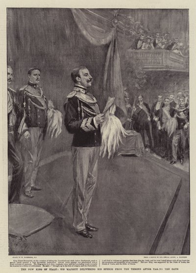 De nieuwe koning van Italië, Zijne Majesteit houdt zijn toespraak vanaf de troon na het afleggen van de eed door William Hatherell