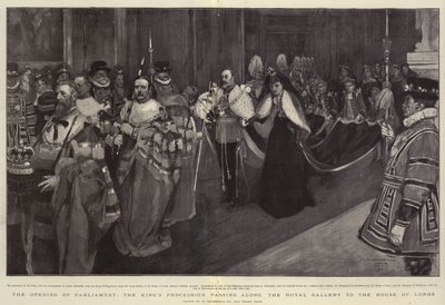 De opening van het parlement, de processie van de koning langs de Koninklijke Galerij naar het Hogerhuis door William Hatherell