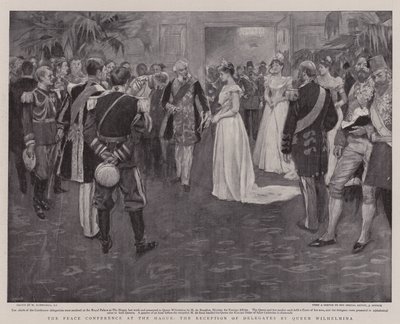 De Vredesconferentie in Den Haag, de ontvangst van afgevaardigden door koningin Wilhelmina door William Hatherell