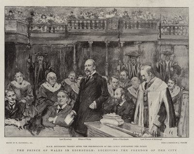 De Prins van Wales in Edinburgh, ontvangt de Vrijheid van de Stad door William Hatherell