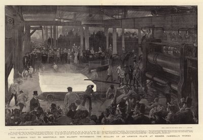 Het bezoek van de koningin aan Sheffield, Hare Majesteit getuigt van het rollen van een pantserplaat bij Messrs Cammell