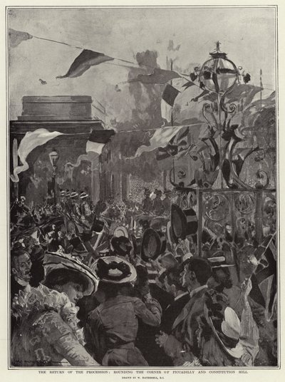 De terugkeer van de processie, om de hoek van Piccadilly en Constitution Hill door William Hatherell