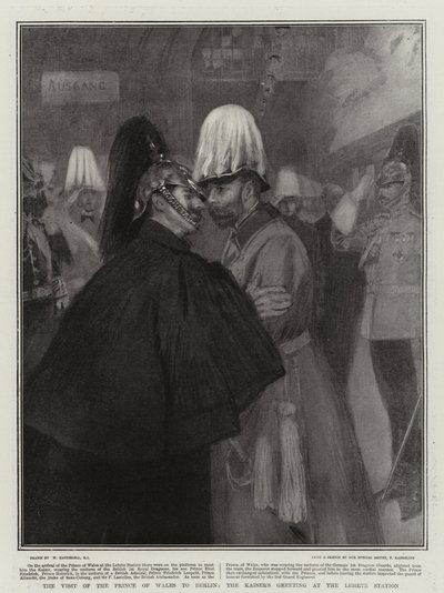 Het bezoek van de Prins van Wales aan Berlijn, de begroeting van de Kaiser op het Lehrte-station door William Hatherell