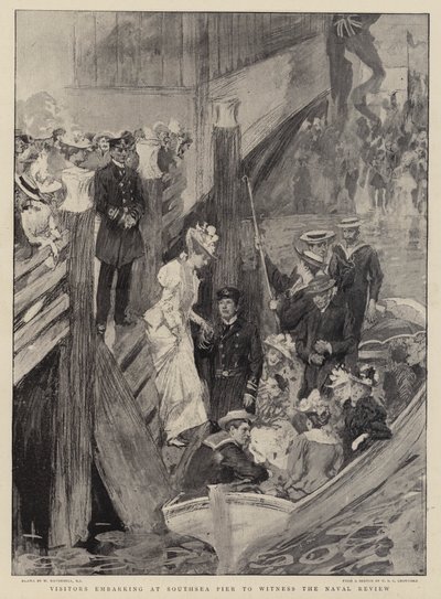 Bezoekers die inschepen bij Southsea Pier om de marineparade te aanschouwen door William Hatherell