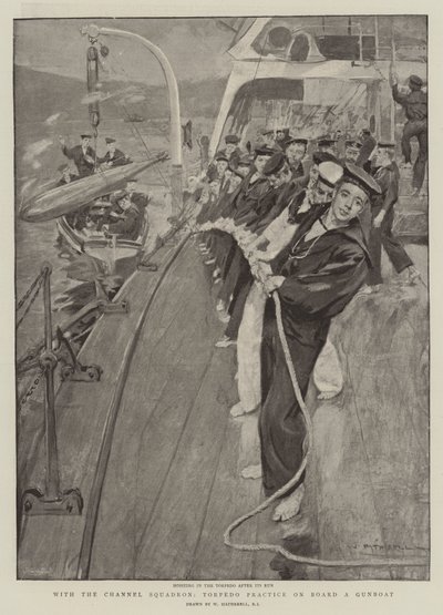 Met het Kanaalsquadron, Torpedo-oefening aan Boord van een Kanonneerboot door William Hatherell