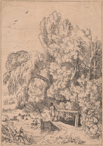 Landschap met Bomen, Meisjes die Voetbrug Oversteken door William Havell