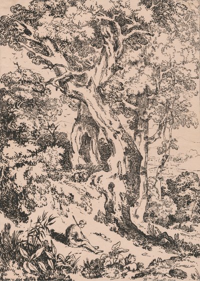 Studie van bomen en struiken met zittende mannelijke figuur door William Havell