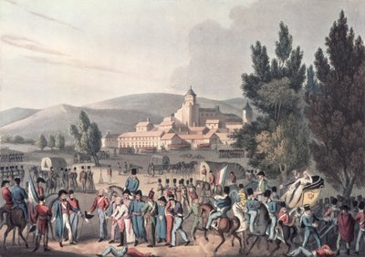 Slag bij Vittoria, 1813, gevangenen binnenbrengen, geëtst door I. Clarke, geaquarelleerd door M. DuBourg door William Heath