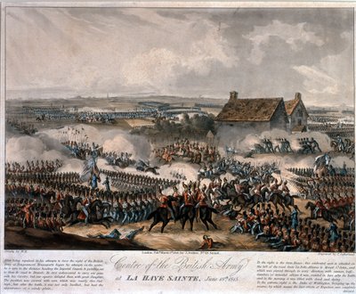 Centrum van het Britse leger bij La Haye Sainte tijdens de Slag bij Waterloo, geëtst door Thomas Sutherland, 1816 door William Heath