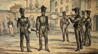 Mariniers bij schommelend figuur schietoefening, ca. 1835 (handgekleurde ets) door William Heath