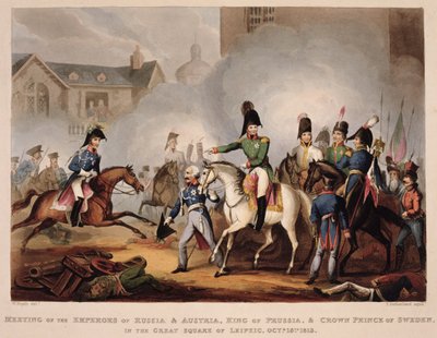 Ontmoeting van de Keizers van Rusland en Oostenrijk, Koning van Pruisen en Kroonprins van Zweden op het Grote Plein van Leipzig, 18 oktober 1813, uit 