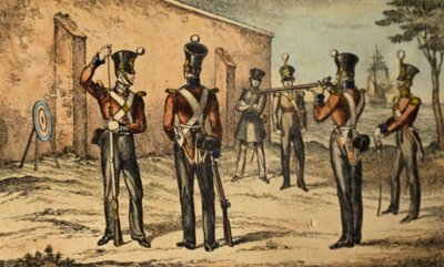 Huidige kostuum van de mariniers bij rond doelwit schieten, c.1835 door William Heath