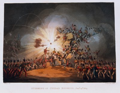 Bestorming van Ciudad Rodrigo, 19 januari 1813, gegraveerd door Thomas Sutherland, gepubliceerd in 1815 door William Heath