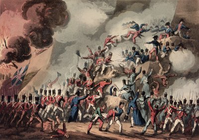 Bestorming van St. Sebastian, 31 augustus 1813, gegraveerd door Thomas Sutherland door William Heath