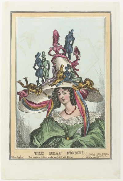 Vrouw met grote hoed waarop mannelijke figuren zitten door William Heath
