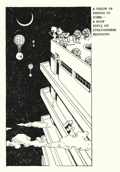 Een visioen van wat komen gaat, een dakidylle op Stratosphere Mansions door William Heath Robinson