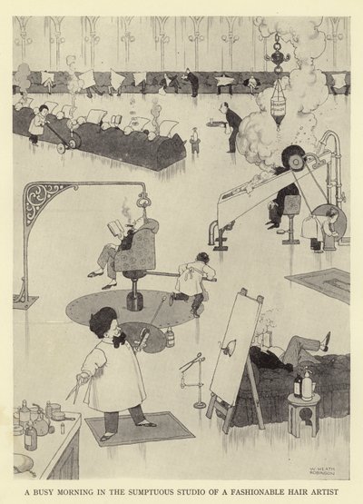 Een drukke ochtend in de weelderige studio van een modieuze haarartiest door William Heath Robinson