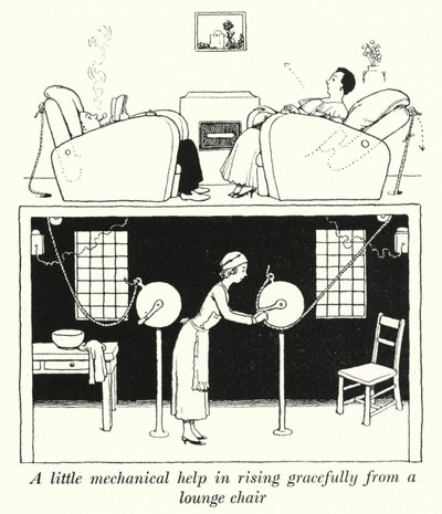 Een beetje mechanische hulp om gracieus op te staan uit een loungestoel door William Heath Robinson