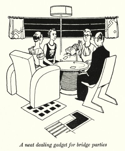 Een Nette Kaartverdeel Gadget voor Bridgepartijen (litho) door William Heath Robinson