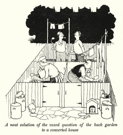 Een nette oplossing voor de moeilijke vraag van de achtertuin van een verbouwd huis door William Heath Robinson