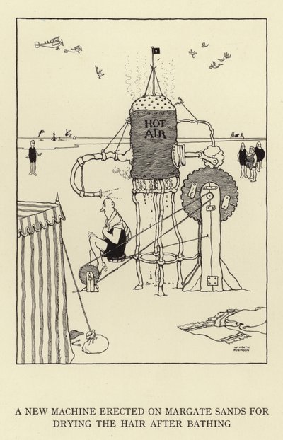 Een nieuwe machine opgericht op Margate Sands voor het drogen van het haar na het baden door William Heath Robinson