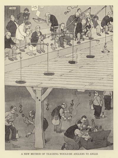 Een nieuwe methode om aspirant-vissers te leren vissen door William Heath Robinson