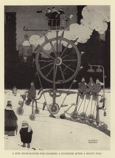 Een nieuwe sneeuwploeg voor het vrijmaken van een voetpad na een zware sneeuwval door William Heath Robinson