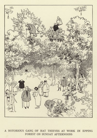Een beruchte bende hoedendieven aan het werk in Epping Forest op zondagmiddagen door William Heath Robinson